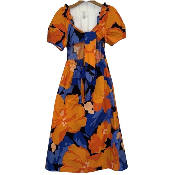 Tabitha Brown Dress 2  Midi Blue Orange Tropical Abstract Floral Pocket - Picture 2 of 11